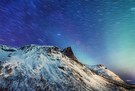 Mountains And Starry Night Sky Senja Islands Norway Reflection On