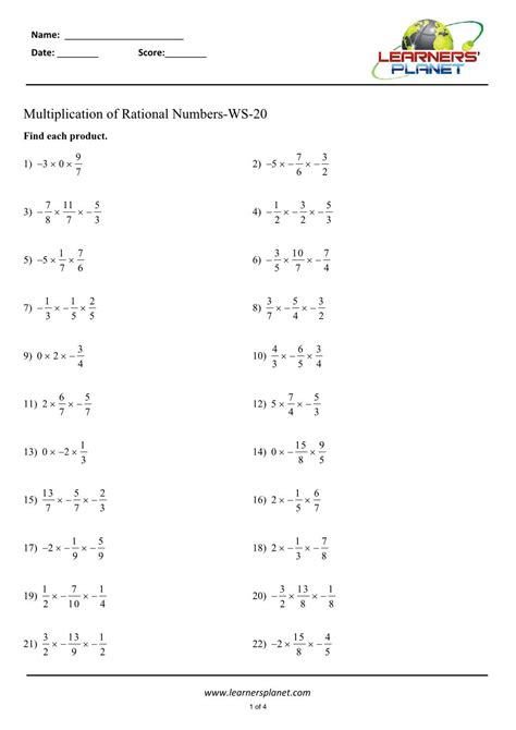 Multiplying Rational Numbers Free Worksheet