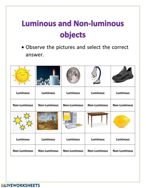 Luminous And Non Luminous Objects Online Exercise For Live Worksheets