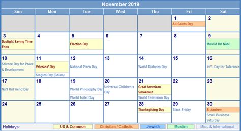 November 2019 Us Calendar With Holidays For Printing Image Format