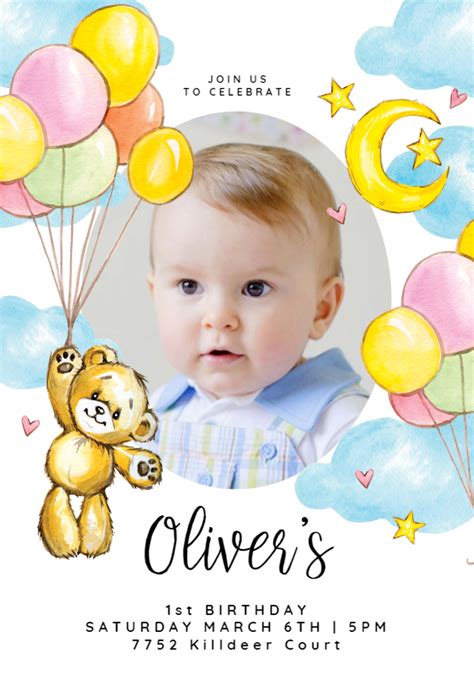 Our little princess has turned 1 and awaiting your presence on. Teddy bear & balloons - Birthday Invitation Template (Free ...
