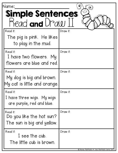 Read And Draw Simple Sentences For Beginning Readers Kindergarten