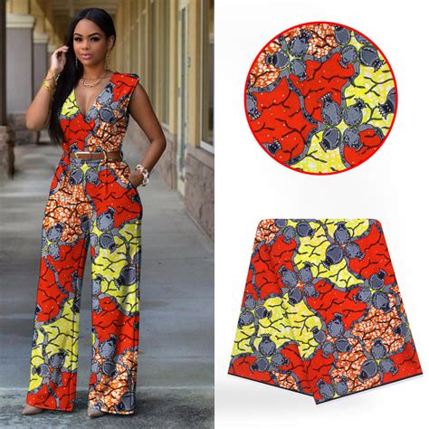 Red African Fabric Real Wax Print Dresses With Flower Pattern 100