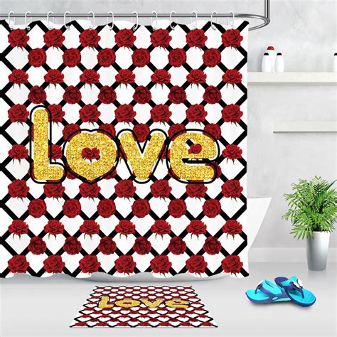 Waterproof Shower Curtain For Bathroom Red Rose And Golden Love Bathtub Curtains Polyester