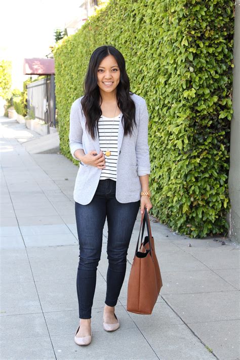 Grey Blazer Skinny Jeans Striped Tee Nude Flats Brown Tote Fall