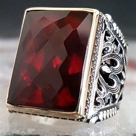 Rectangular Solid 925 Sterling Silver Ruby Stone Heavy Mens Ring