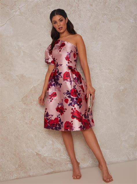 Chi Chi London Floral Dresses Womens One Shoulder Puff Sleeve Floral