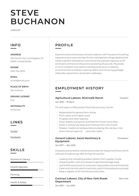 Free Resume Templates For General Labor Nismainfo