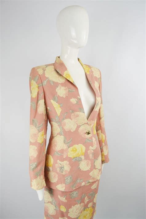 Emanuel Ungaro Vintage Pink Floral Linen Print Jacket And Skirt Suit