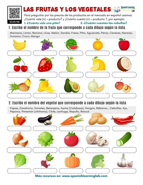Las frutas y los vegetales en español Fruits and vegetables in