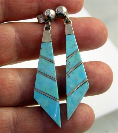 Vintage MEXICO Sterling Silver Inlaid Blue Turquoise Dangle Pierced