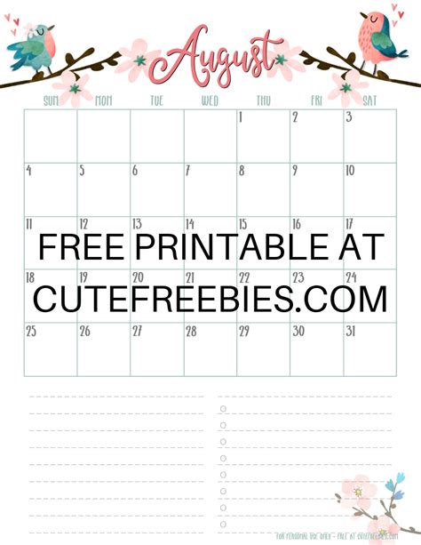 August 2019 Calendar Printable Cfspring Cute Freebies For You