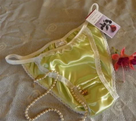 Pale Green Shiny Satin Panties Mini Tanga String Bikini Ivory Lace Made