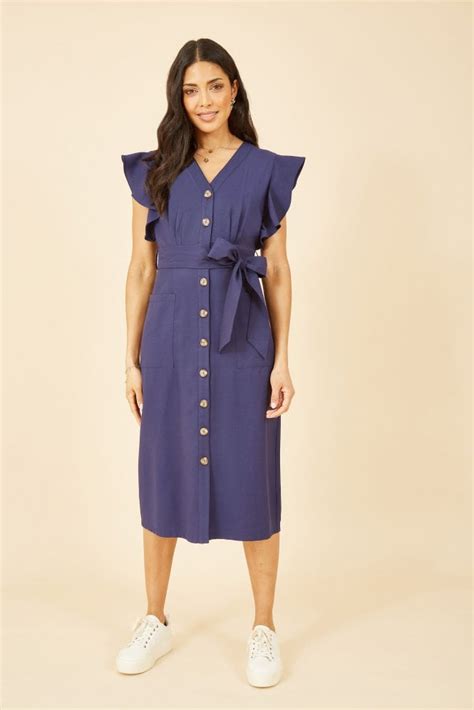 Yumi Navy Linen Blend Midi Shirt Dress Yumi