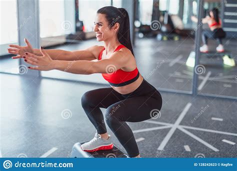 Cheerful Female Squatting On Step Stock Image Image Of Equipment Muscles