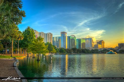 Orlando City Downtown Lake Eola Park Buildings Before Sunset Hdr