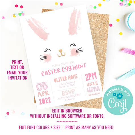 Easter Egg Hunt Invitation Watercolor Easter Bunny Glitter Etsy