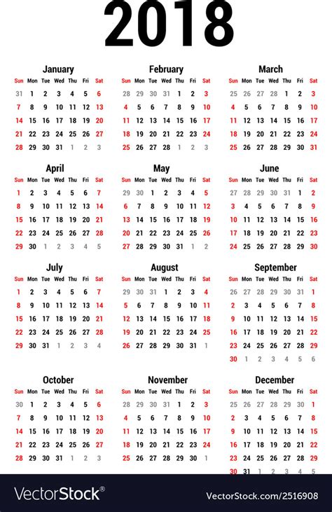 Calendar 2018 Royalty Free Vector Image Vectorstock