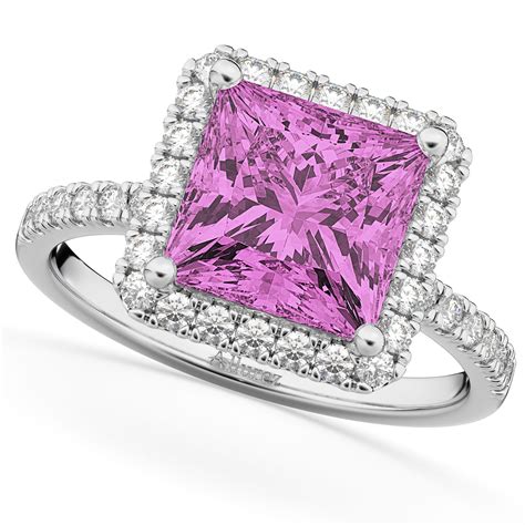 Princess Cut Halo Pink Sapphire And Diamond Engagement Ring 14k White