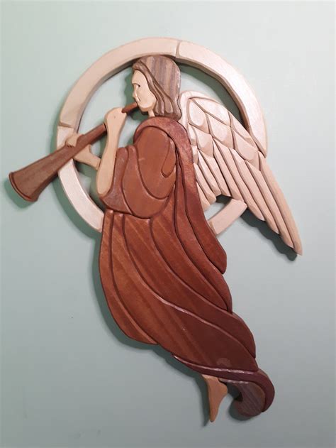 Angel With Horn Wood Intarsia Wall Hanging Handcrafted Scroll Etsy