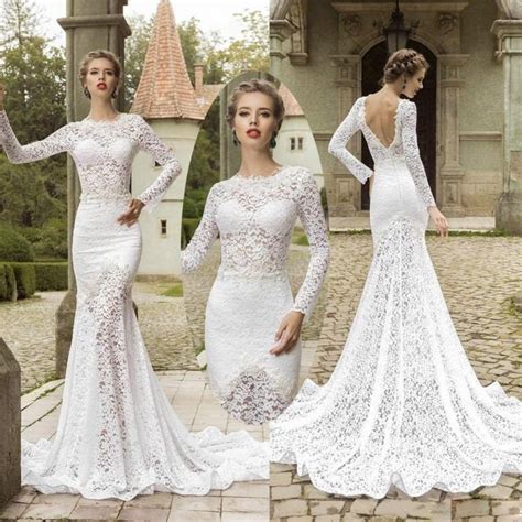 Elegant Long Sleeve Lace Mermaid Wedding Dresses Backless Crew Neck