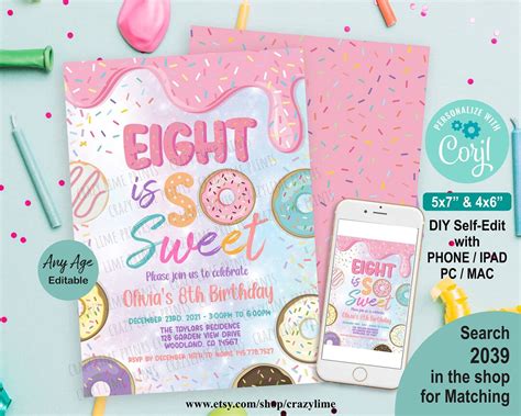 Editable Donut 8th Birthday Party Invitation Template Etsy