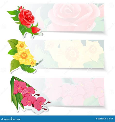 Set Of Three Colorful Web Banners With Different Flowers Red Roses Bud