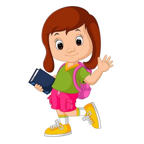Premium Vector Cute Girl Go To School Cartoon