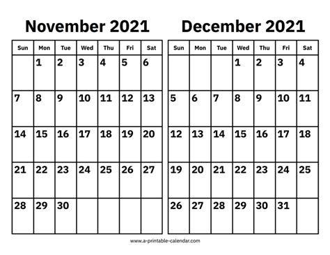 November And December 2021 Calendar A Printable Calendar