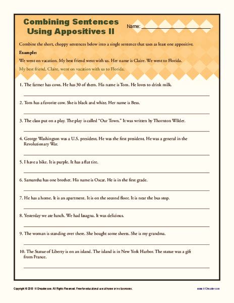 Again, we encourage you to see more printable worksheets in sentence structure or. Combining Sentences Using Appositives II Worksheet for 4th ...
