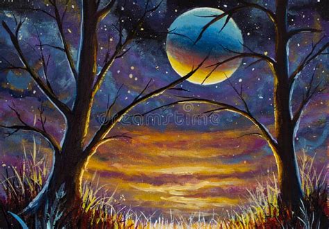 Night Fantasy Art Landscape Big Planet Moon Starry Sky Sunset Painting