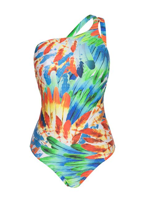 Asymmetric One Piece Swimsuit Feather Print Asymmetrical Maillot