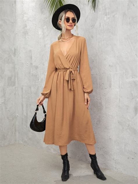 Shein Solid Surplice Neck Dress Shein Usa