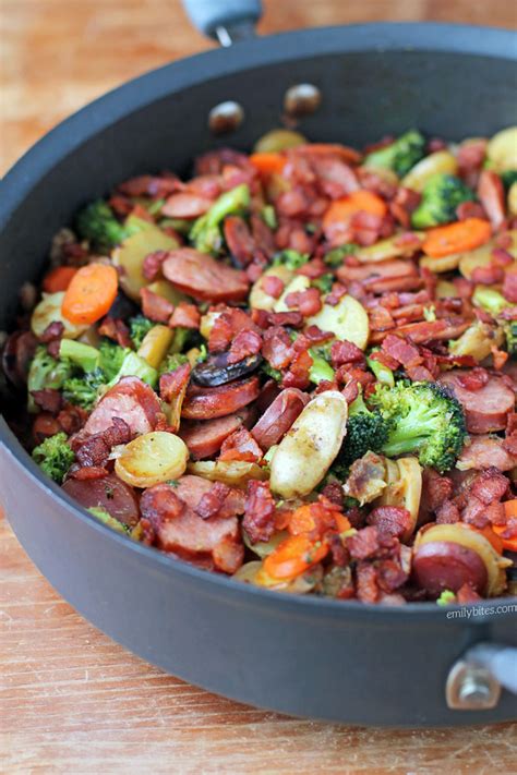 Place the potatoes in the skillet, cover and simmer, turning occasionally, until potatoes are almost tender and a little browned, about 10 minutes. Rustic Sausage and Potato Skillet - Emily Bites