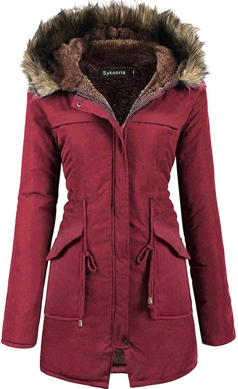 sykooria womens hooded faux fur anroak outwear jacket warm winter thicken fleece lined parkas