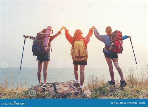 Group Friend Team Asian Young Women Of Hikers Walking Adventure With