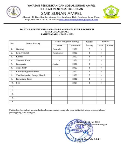 Daftar Inventaris Sarana Prasarana Pdf