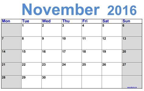 2016 November Calendar Blank To Print Calendars Kalendar Calendario