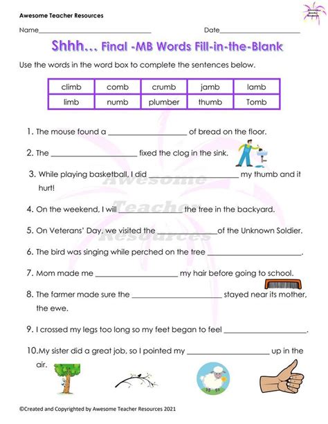 Shhh Final Mb Words Fill In The Blank Worksheet Word Boxes Words