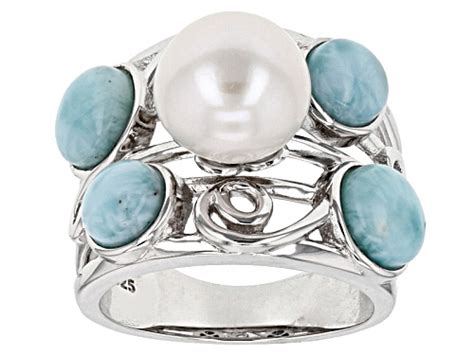 95 10mm White Cultured Freshwater Pearl And 225ctw Larimar Rhodium Over