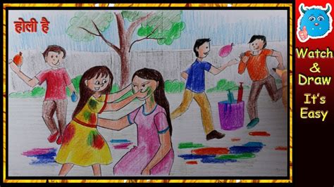 Create 8 lovely drawing for festivals. How to Draw Happy Holi Scene (Indian Festival Drawing for ...