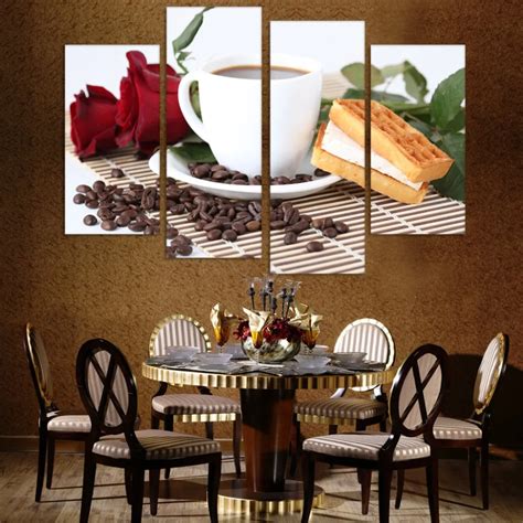 Canvas Print Painting Artwork Cafe Styles Coffee Beans Hd 4 Panels