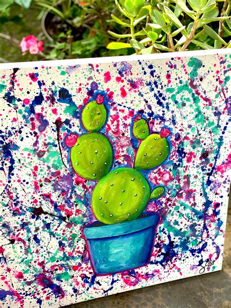 Bright Potted Cactus Acrylic Painting Etsy