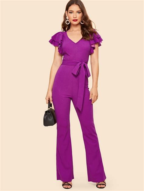 shein 70s layered sleeve belted flare leg jumpsuit purple jumpsuit plain jumpsuits flare