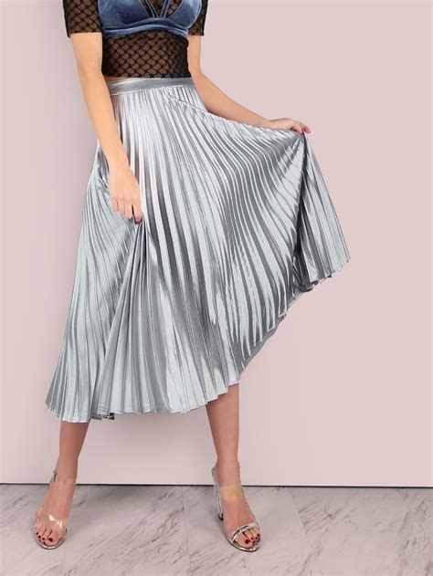 Metallic Pleated Midi Skirt Silver Sheinsheinside