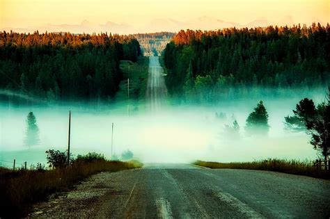 Canada Sunrise Morning Fog Road Valley Hills Forest Trees