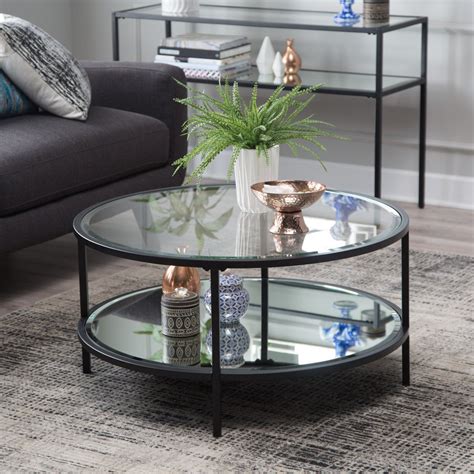 Contemporary Glam Metal Glass Modern Round Black Coffee Table W Shelf