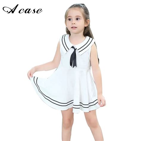 2018 New Girl Solid Cotton Dress Bow Tie Striped Children Clothing
