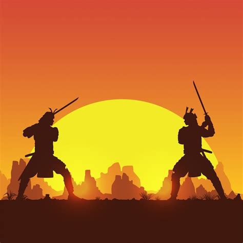 Premium Vector Silhouette Of Two Japanese Samurai Sword Fighting Illustration