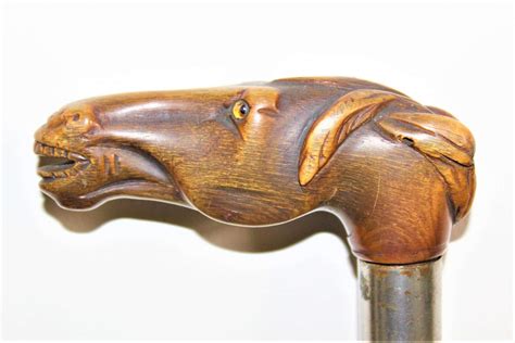 A Finely Carved Horn Walking Stick Depicting A Horses Head In Antique